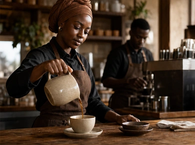 Barista versant du café dans une tasse